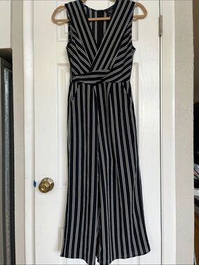 Aqua Black and White Vertical Stripe Sleeveless Jumpsuit